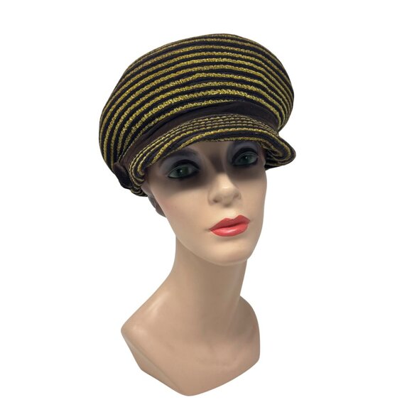 Vintage Accessories - Vintage 50s Newsboy Hat Womens Striped Yellow Brown Knit Beret Cap